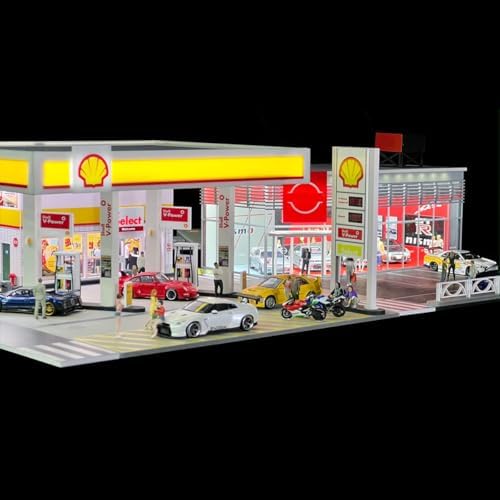 1/64 Shell Gas Station Display Case Gas Station DIY Miniature Model for Adults with LED Effects, Support Customizable and Expandable (1 Cars & 1 Figure Included)