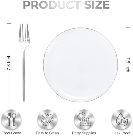 Rubtlamp 100Pcs Plastic Dessert Plates 7.5inch,100Pcs Disposable Silver Forks,White Plastic Plates With Silver Rim, Small Plastic Plates,Dessert Plates With Forks for Appetizer Cake