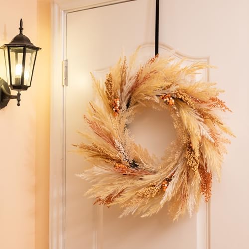DecorbyHannah 24'' Neutral Fall Pampas Wreath with Lights for Front Door