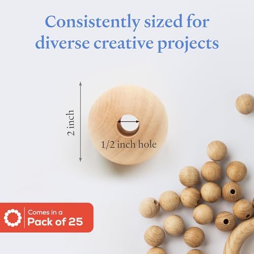 Large Wooden Beads for Crafts - Pack of 25 51mm 2 x 1/2 Inch Hole Large Wood Beads for Crafts withHoles for DIY | Round Wooden Balls for Crafts | Wood Beads for Jewelry Making | Woodpeckers