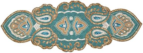 Lightnpro Beaded Christmas Table Runner 13x36 Inch - Teal Gold Paisley Design -Perfect Handmade Decorative Runner for Holiday, Thanksgiving, New Year, Winter Table Décor, Suitable Gift Every Occasion