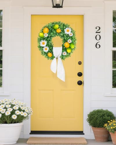 Vlorart 24 Inch Faux Round Boxwood Wreath, Weatherproof Front Door Large Wreaths Artificial Spring Summer Greenery Wreath with Sash for Farmhouse Wedding Year Round Indoor and Outdoor