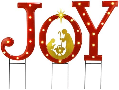 Hausse Lighted Christmas Decorations Outdoor, Upgraded 20" Joy Letter Nativity Scenes Sets, Xmas Metal Religious Yard Decor with Stake, Battery Powered for Winter New Year Holiday Garden Patio Lawn