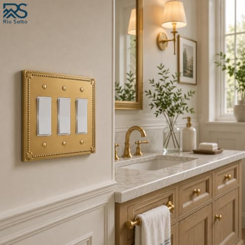 Rio Salto Brushed Gold Decorative 3 Rocker Light Switch Cover Plate 3 Gang Ro...