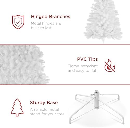 Best Choice Products Artificial Christmas Tree, 7.5ft Premium Pre-Lit Realistic Spruce Holiday Décor w/Dense Branches, Metal Base - White Spruce