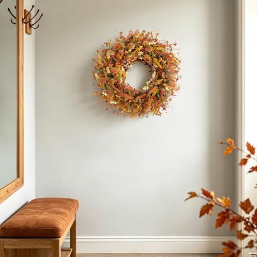 24 Inch Fall Wreaths for Front Door Wreath with Flowers,Grain,Eucalyptus Leaves Autumn Wreath for Front Door Wall Home Harvest Thanksgiving Decor