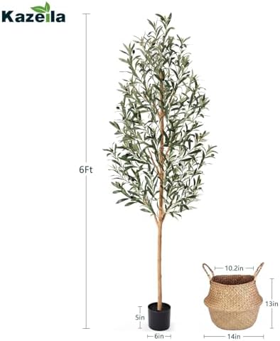 Kazeila 6FT Artificial Olive Tree with Real Wood Trunk & Woven Basket