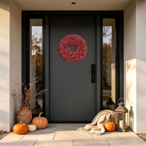20" Burgundy Fall Wreath for Front Door, Artificial Mums Autumn Wreath