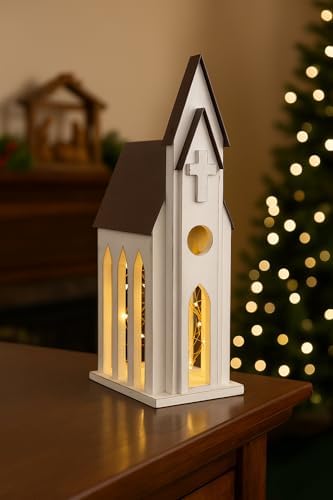 White Church Chapel Christmas Card Iron & Wood Mail Holder 9.8" x 17.9"
