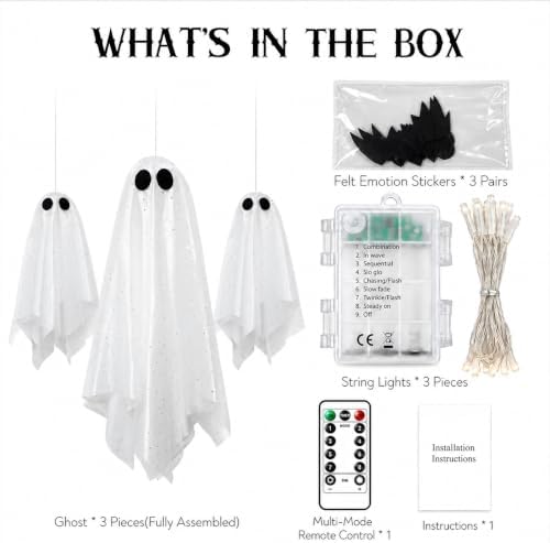 3 Pack Pre-Assembled Hanging Ghosts Halloween Decorations with Warm Glow,Ghost Decor with Remote Timer & Upgraded Double-Layer Sheet, Swinging Ghost for Indoor Outdoor Tree Porch Yard Garden Party