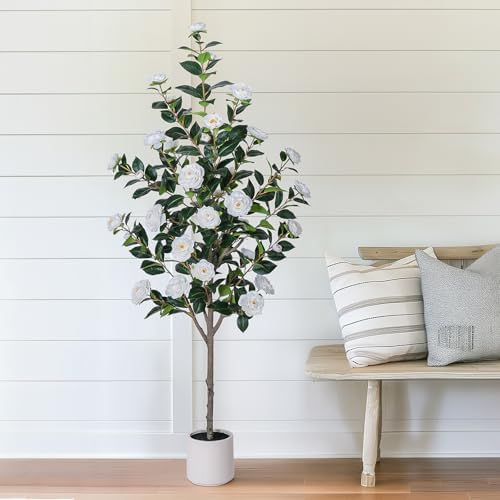 Yepdin 63 inch Artificial Camellia Tree with White Flower Pots -2 Pack White Fake Tree,5 Ft Faux Plants Indoor wich Blooming,Artificial Plants for Indoor & Outdoor Home Front Door Decor