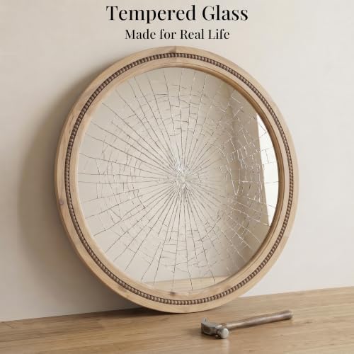 Solid Wood 30 Inch Round Beaded Vanity Wall Mirror, Natural Wood