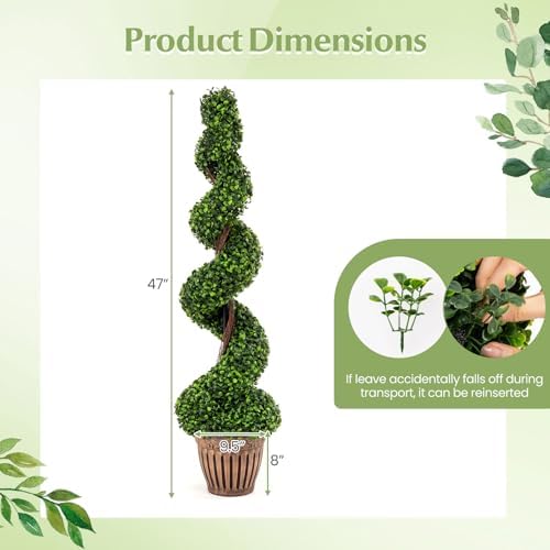 GOPLUS 4 Ft Artificial Boxwood Spiral Topiary Tree, Fake Greenery Plants, Leaves & Cement-Filled Plastic Flower Pot Decorative Trees for Porch Home Office Indoor Outdoor