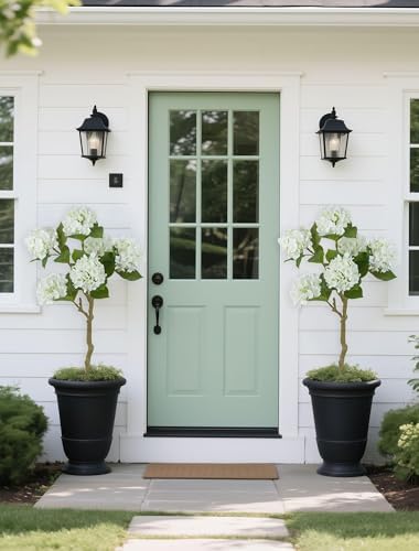 BLOSMON White Hydrangea Fake Tree for Outdoor Porch Decor, 2 Pcs, 39 Inch