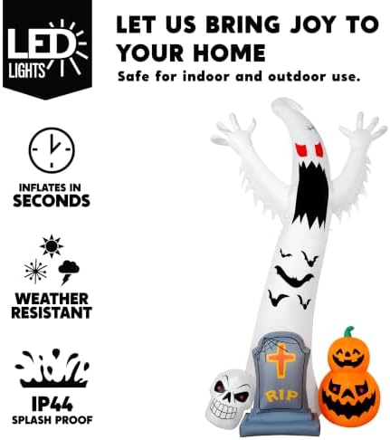 Joiedomi 12FT Giant Halloween Inflatables Spooky Ghost with Skull Tombstone & Pumpkins Outdoor Decoration, Halloween Blow Up Yard Decorations with Rotating Colorful LED Lights for Lawn Garden Decor