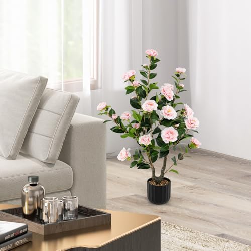 Goplus 38’’ Artificial Camellia Tree, Flower Plants Artificial Tree