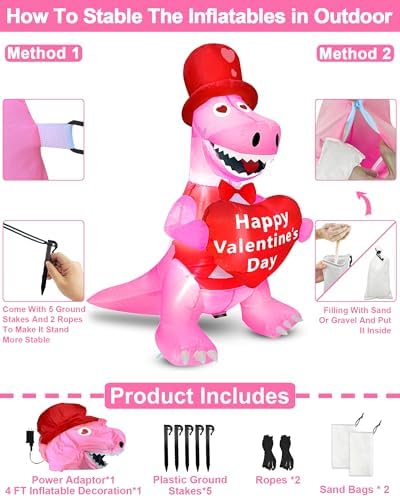TURNMEON 4 Foot Valentine's Day Inflatable Dinosaur Outdoor Decoration Blow Up Dinosaur Holds Heart LED Lighted Valentines Day Decoration for Yard Garden Lawn Wedding Holiday Party Indoor Outdoor Home