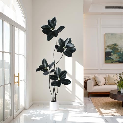 Artificial Rubber Tree 6FT Tall Faux Plants Indoor Artificial Trees Potted - Fake Tree with White Planter Large Floor Plant for Home Office Room Outdoor Decor