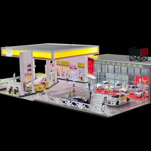 1/64 scale gass station building scene model, realistic, side view
