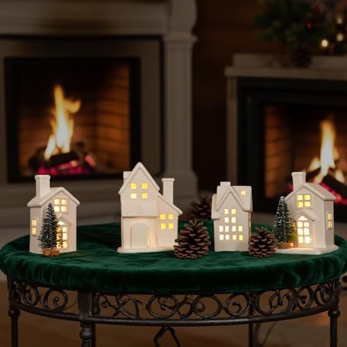Christmas Village Set 4 Lighted Ceramic Houses and 3 Trees White Christmas Decorations Indoor for Home Table Room