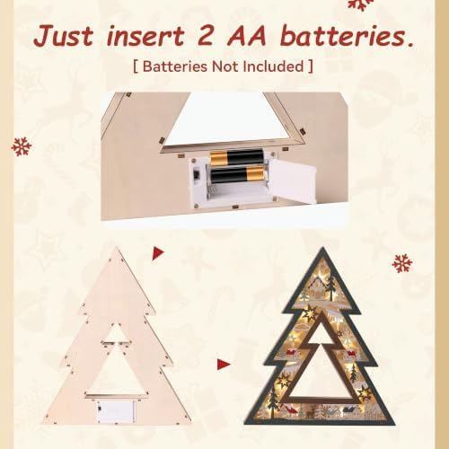 Wooden Christmas Tree Lighted Tabletop Decor, Xmas Winter Village Ornament