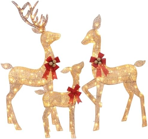 3-Piece Lighted Christmas Deer Family - HOLILITE 4.5ft 3D Pre-Lit Reindeer Outdoor Decorations with 210 LED Lights, Yard/Garden/Patio Holiday Display - Gold