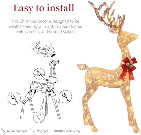 3-Piece Lighted Christmas Deer Family - HOLILITE 4.5ft 3D Pre-Lit Reindeer Outdoor Decorations with 210 LED Lights, Yard/Garden/Patio Holiday Display - Gold