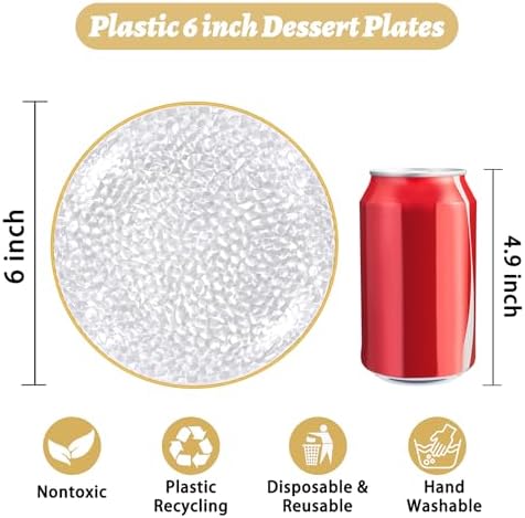 Rubtlamp 100 Pack Clear Gold Plastic Dessert Plates, 6Inch Clear Gold Small Appetizer Plates With Hammered, Heavy Duty Disposable Salad Plate, Elegant Cake Platos for Wedding, Birthday, Teatime