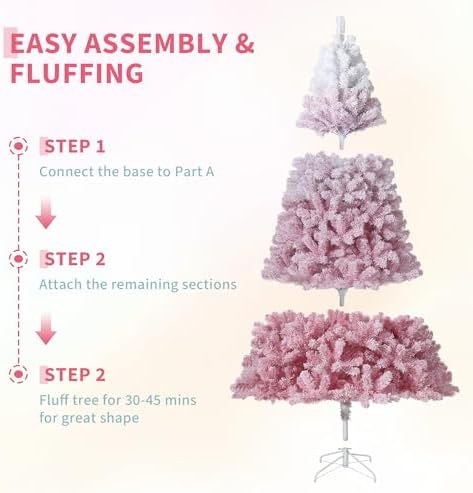 Garvee 6 ft Pre-lit Artificial Christmas Tree with 250 Warm White LED Lights, Snow Flocked Christmas Tree with 750 Branch Tips & Metal Stand, Indoor Outdoor Xmas Decoration, Pink Gradient