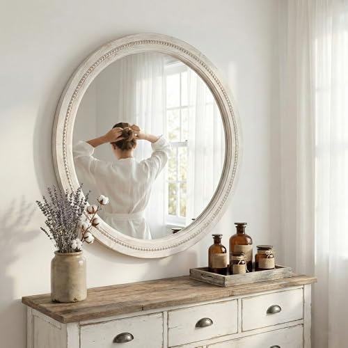 Solid Wood 30 Inch Round Beaded Bathroom Mirror, Distressed White