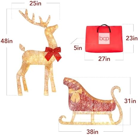 Best Choice Products 4ft Lighted 2D Reindeer & Sleigh Set, Christmas Holiday Deer & Sled Outdoor Yard Decoration w/ 140 LED Lights - Gold