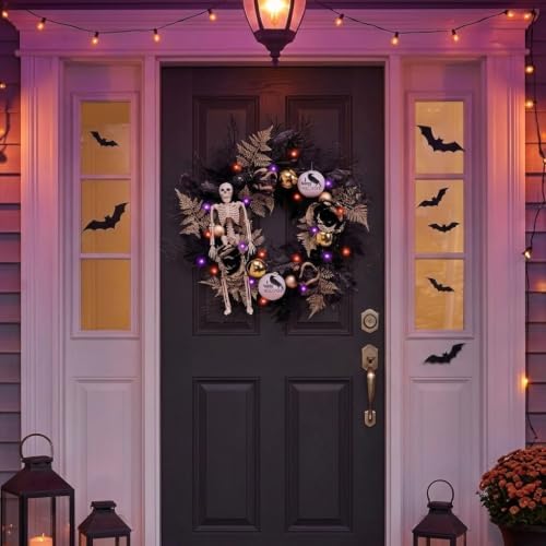 DecorbyHannah 24'' Skeleton Halloween Wreath with Lights for Front Door