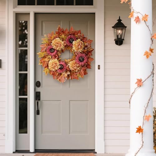 28" Large Artificial Fall Wreath with Flowers for Front Door Decor (Orange)