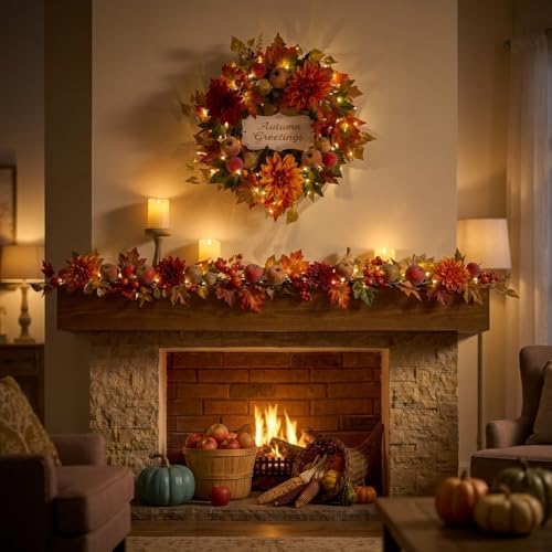 Valery Madelyn 6ft Pre-Lit Fruits & Dahlia Fall Garland for Mantel
