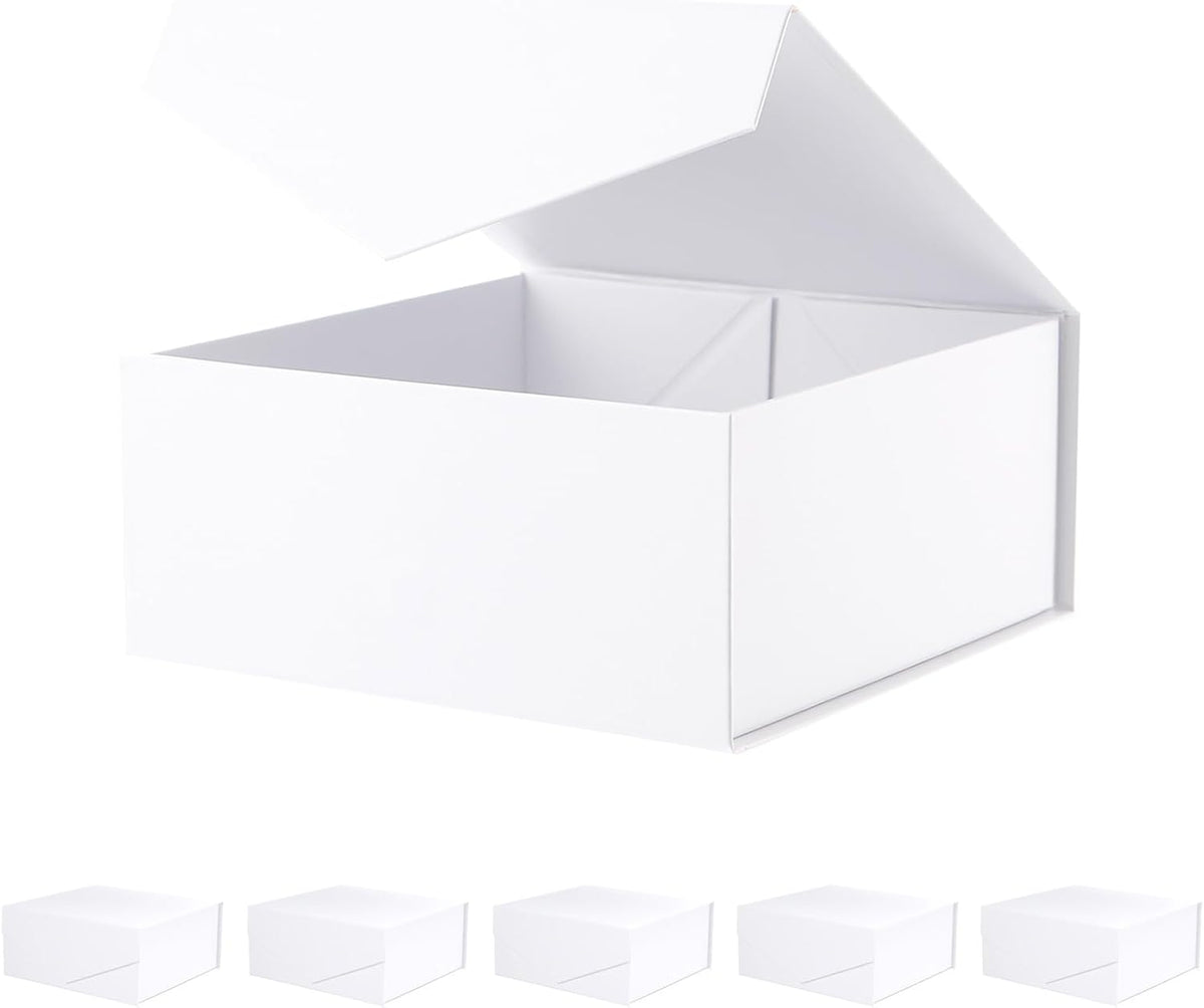 BLK&WH 6 Collapsible Gift Boxes with Magnetic Lids, 7.5x7.5x3 Inches, Bridesmaid Proposal Boxes, Matte White