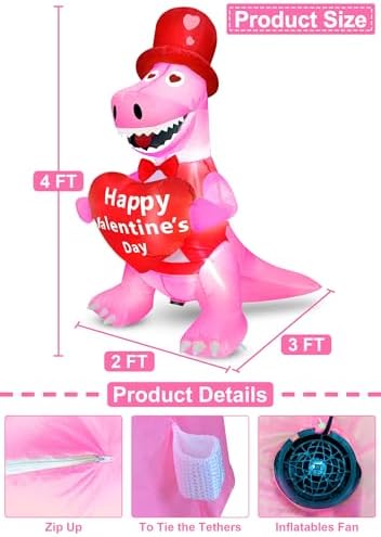 TURNMEON 4 Foot Valentine's Day Inflatable Dinosaur Outdoor Decoration Blow Up Dinosaur Holds Heart LED Lighted Valentines Day Decoration for Yard Garden Lawn Wedding Holiday Party Indoor Outdoor Home