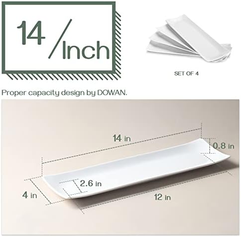 DOWAN 14" Sushi Plate Set of 4 - Long Rectangle Plates and Cracker Trays for Serving - White Ceramic Platters for Party and Entertaining - Dishwasher & Oven Safe