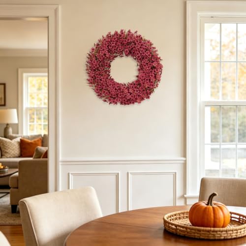24" Burgundy Fall Wreath for Front Door, Artificial Mums Autumn Wreath