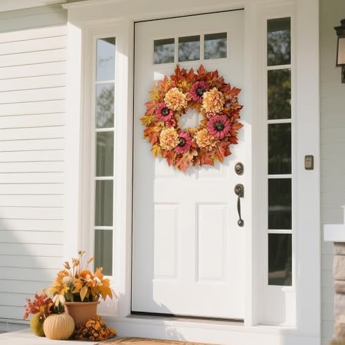 28" Large Artificial Fall Wreath with Flowers for Front Door Decor (Orange)