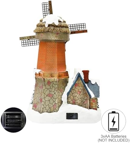 MOMENTS IN TIME Lighted Windmill Christmas Village Building LED Lights & Animation 12.2” Handcrafted House Battery Operated Holiday Decoration Gift Wrapped Ready