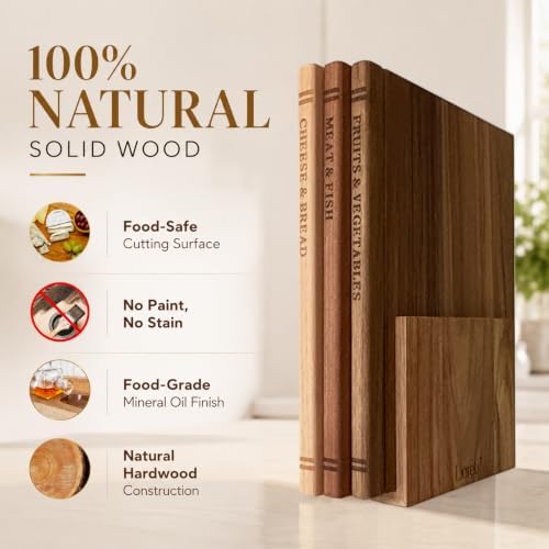 Premium Book Cutting Board Set with Stand – 100% Natural Solid Wood Boards