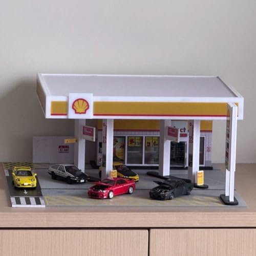 1/64 Shell Gas Station Display Case Gas Station DIY Miniature Model for Adults with LED Effects, Support Customizable and Expandable (1 Cars & 1 Figure Included)