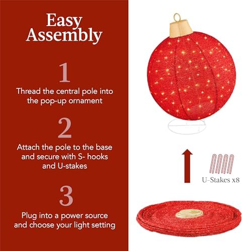 Best Choice Products 2pc Lighted Pop-Up Outdoor Christmas Ornament Set, Holiday Ball Decoration w/ 180 LED Lights, 8 Light Functions - Red/White