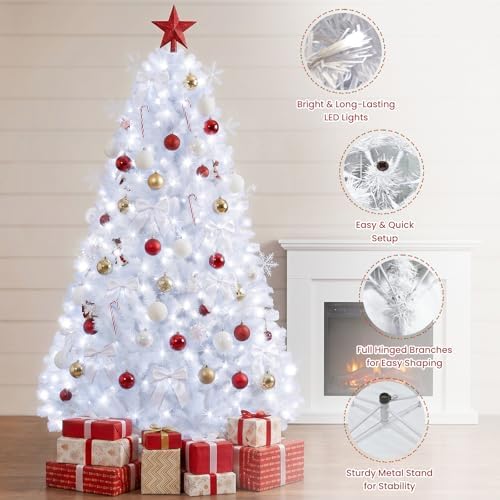 6ft White Prelit Christmas Tree with 300 LED White Lights, 726 Dense Branch Tips, Versatile Holiday Tree for Christmas, Halloween and Party Decor