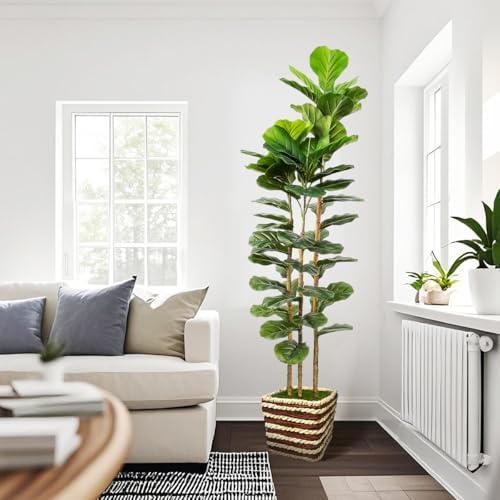 Artificial Fiddle Leaf Fig Tree Indoor with Woven Basket - 5ft Tall Fake Tree with Real-Wood Trunk,Faux Plants for Living Rooms, Offices, Kitchens & Outdoor Spaces (Square Basket)
