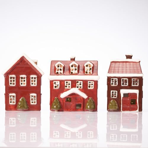 WDS WONDROUS Ceramic Christmas Village Houses Red, Sets of 3 Lighted Houses