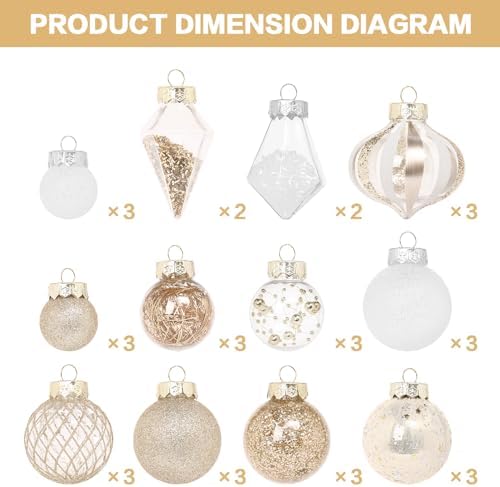 34PCS Champagne/White Christmas Ball Ornaments Set for Tree Decor