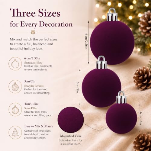 40 Pcs Velvet Christmas Ball Ornaments, Dark Burgundy Purple