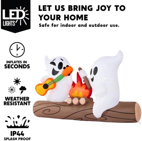 Joiedomi 6ft Long Halloween Inflatable Ghost Outdoor Decoration, Cute Blow Up Ghost Roasts Cotton Candy Over Campfire with LED, Halloween Blow Up Yard Decoration for Holiday Party Garden Lawn Decor