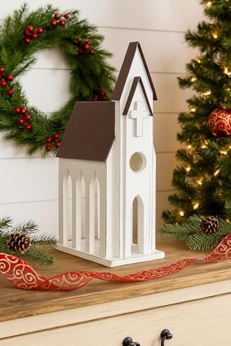White Church Chapel Christmas Card Iron & Wood Mail Holder 9.8" x 17.9"